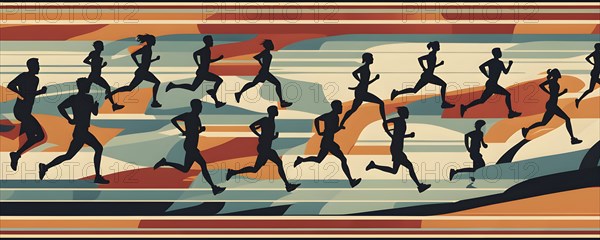 Vintage wallpaper of city marathon runners in a mixed group of men and women, AI generated