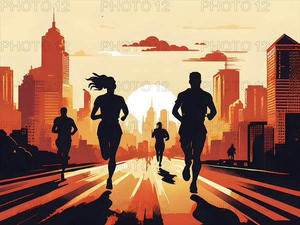 Vintage wallpaper of city marathon runners in a mixed group of men and women, AI generated