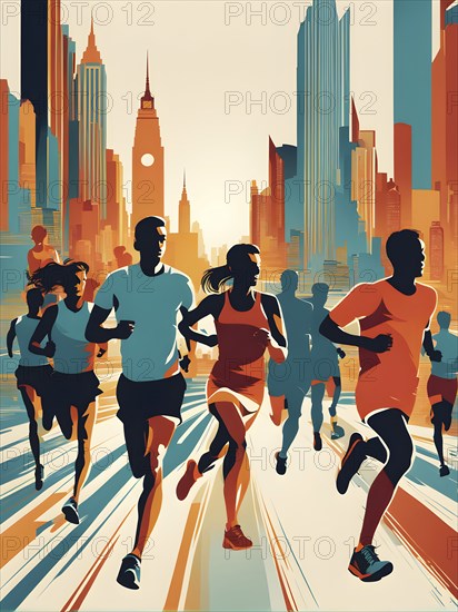 Vintage wallpaper of city marathon runners in a mixed group of men and women, AI generated