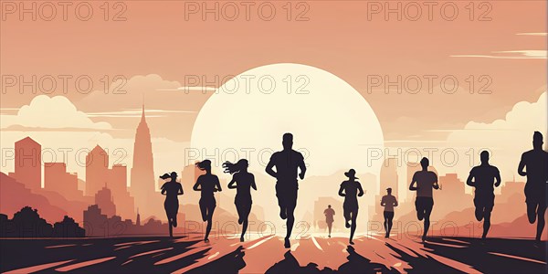 Vintage wallpaper of city marathon runners in a mixed group of men and women, AI generated