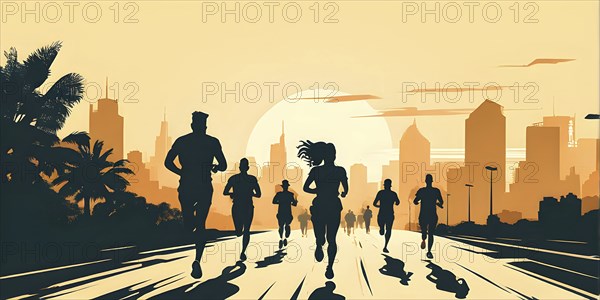 Vintage wallpaper of city marathon runners in a mixed group of men and women, AI generated