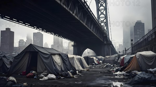 Homeless individuals huddled together in a makeshift tent city, AI generated