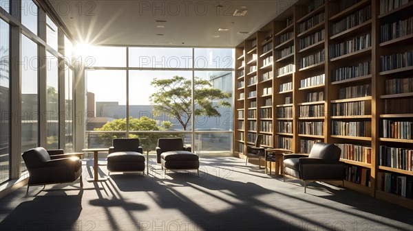Sunlight bathing an empty modern library with rows of sleek bookshelves, AI generated