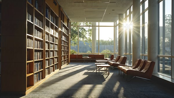 Sunlight bathing an empty modern library with rows of sleek bookshelves, AI generated