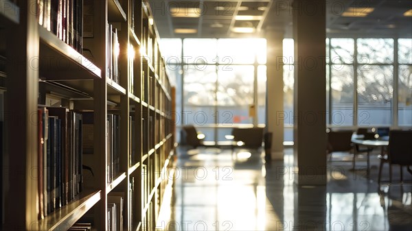 Sunlight bathing an empty modern library with rows of sleek bookshelves, AI generated