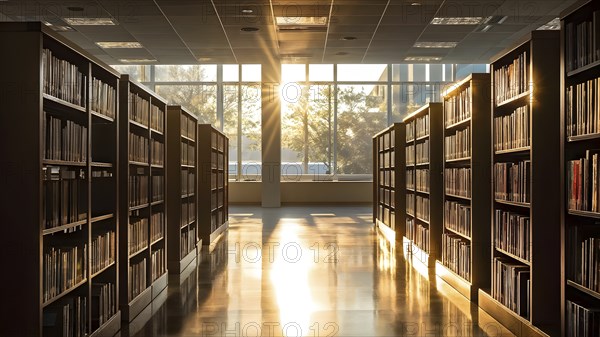 Sunlight bathing an empty modern library with rows of sleek bookshelves, AI generated