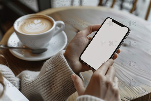 Close up of cell phone held by woman's hands in cafe. Generative Ai, AI generated