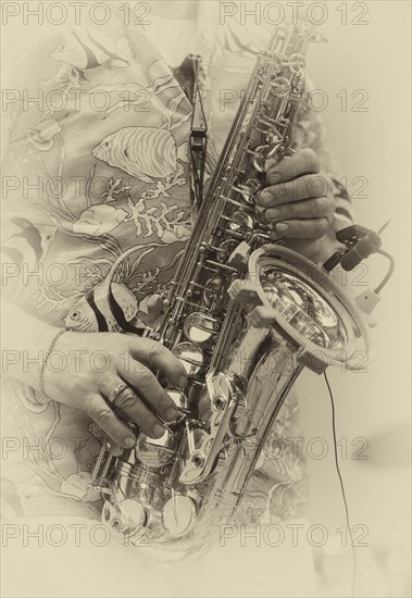 Close-up, saxophonist Ulrich Schneider of the jazz band LoT Late on Tuesday, black and white,