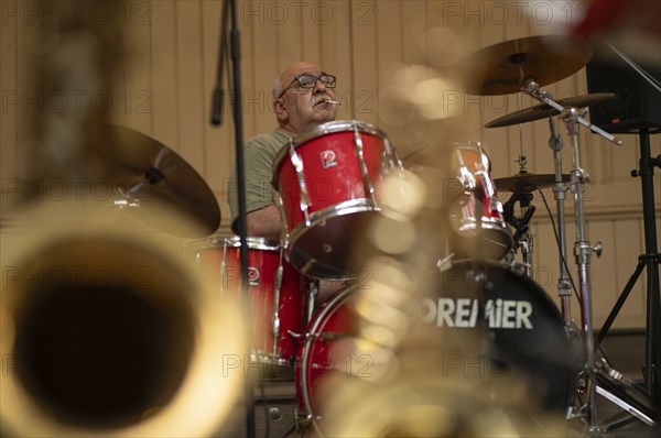 Drummer, Drummer Peter Wagner of the jazz band LoT Late on Tuesday, cigarette, Stuttgart,