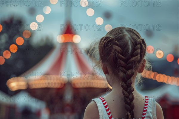 Young girl child looking at circus tent. Generative Ai, AI generated