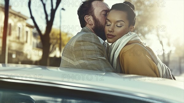A couple embracing warmly under soft light near a car, both dressed in beige and checkered attire,
