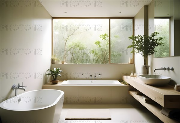 Modern bathroom with a large window showcasing greenery outside, featuring a luxurious bathtub and
