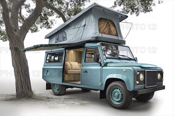 Vintage blue camper van with tent roof parked next to a tree in a forest, ready for adventure, AI