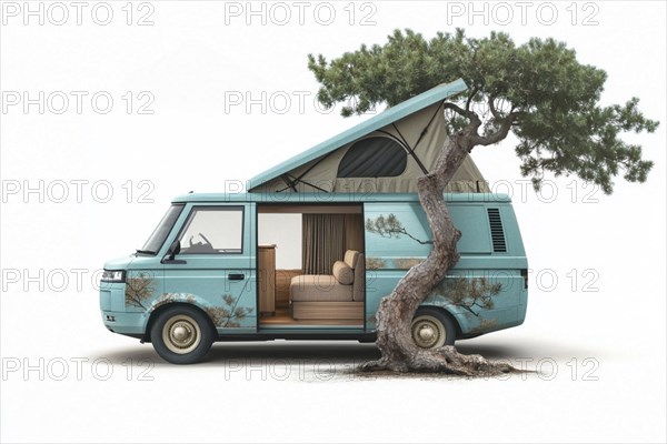 Uniquely painted turquoise van parked beside an olive tree, blending vintage design with natural