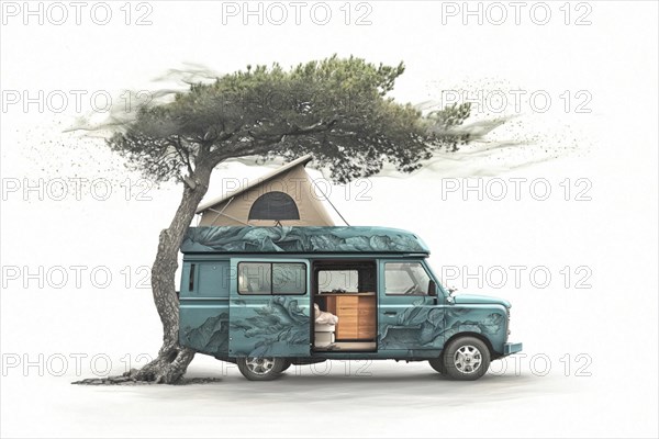 Artistic blue van under a tree, set in a wilderness environment with a creative touch, AI generated