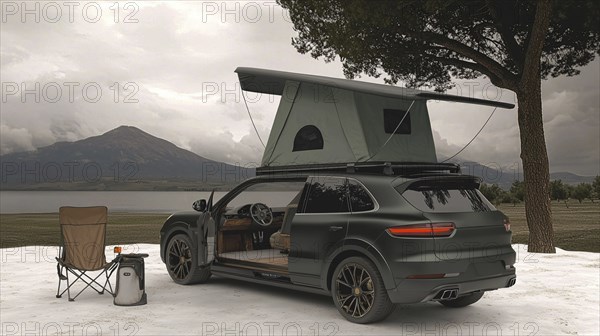 Modern black SUV set up for camping near a mountain lake, accompanied by a camping chair, AI
