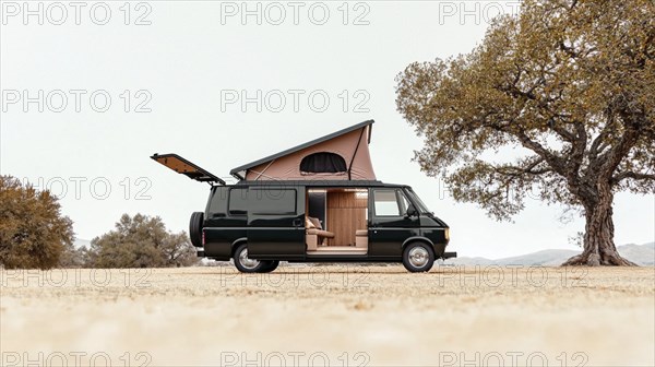 Vintage black van beside a large tree in an open field, evoking a sense of adventure and freedom,