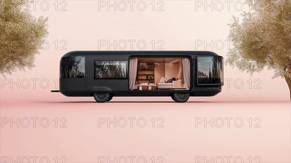 Modern camper with large windows and a sleek design, revealing a comfortable interior through the