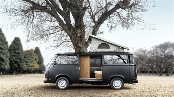 Gray van parked under a leafless tree outdoors in a minimalist setting with autumn vibes, AI