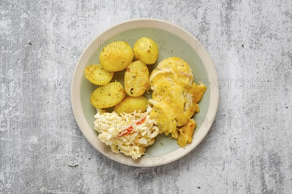 Overhead view of baked pork fillet with melted cheese and onion served with fried potato and