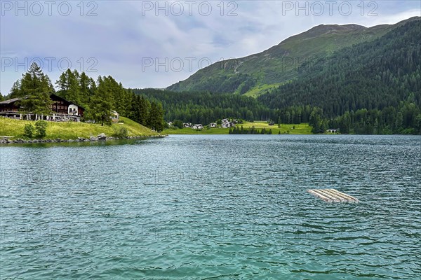 Mountain lake with clear blue water, surrounded by green forests and meadows with scattered houses,