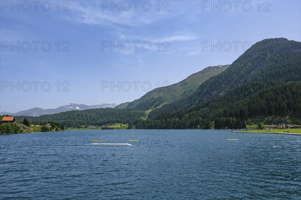 View of a lake with blue water, surrounded by green hills and forests under a clear sky with few
