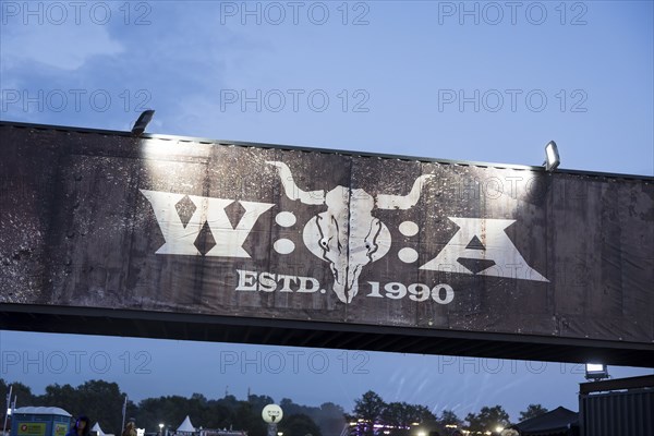 W:O:A logo above the entrance area at the Wacken Open Air in Wacken. The traditional metal festival