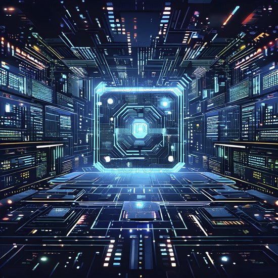 Cyber technology mosaic wallpaper illustration in digital art, AI generated