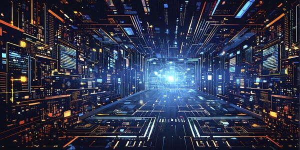 Cyber technology mosaic wallpaper illustration in digital art, AI generated