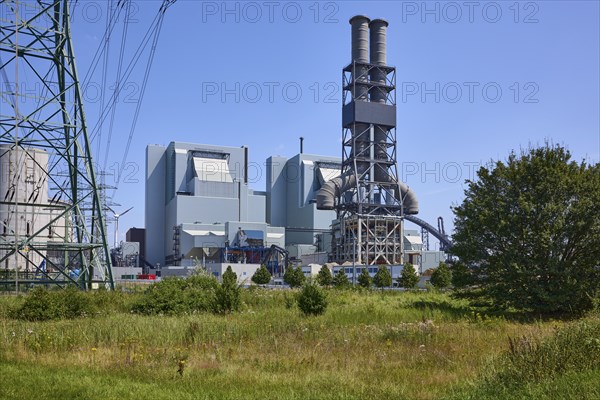 Moorburg coal-fired power station against a cloudless blue sky in the district of Moorburg, Free