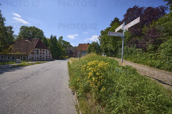 Thoroughfare with old half-timbered houses and signposts in the Moorburg district, Free and