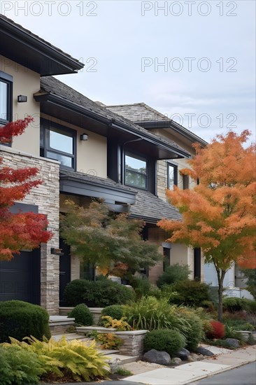 A serene suburban street featuring modern homes in autumn with colorful plants, AI generated