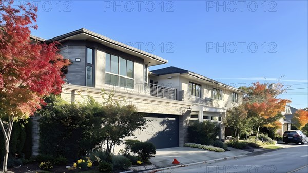 A serene suburban street featuring modern homes in autumn with colorful plants, AI generated