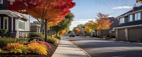 A serene suburban street featuring modern homes in autumn with colorful plants, AI generated