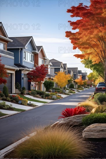 A serene suburban street featuring modern homes in autumn with colorful plants, AI generated
