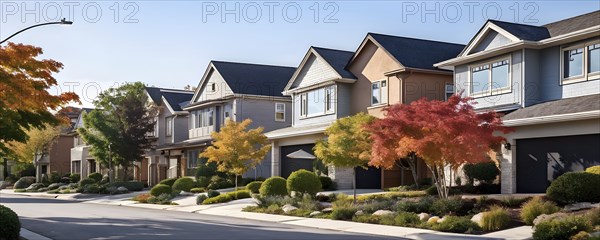 A serene suburban street featuring modern homes in autumn with colorful plants, AI generated