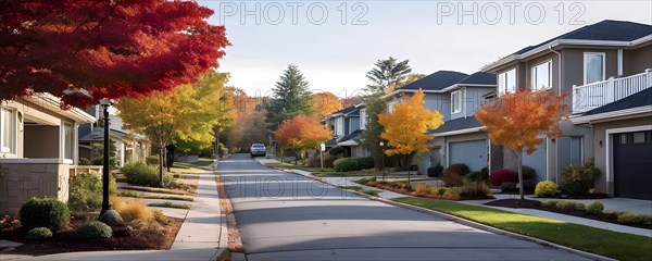 A serene suburban street featuring modern homes in autumn with colorful plants, AI generated