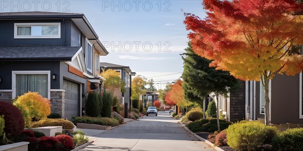 A serene suburban street featuring modern homes in autumn with colorful plants, AI generated