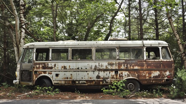 An old rusted bus abandoned in a forest, surrounded by dense vegetation and showing signs of decay,