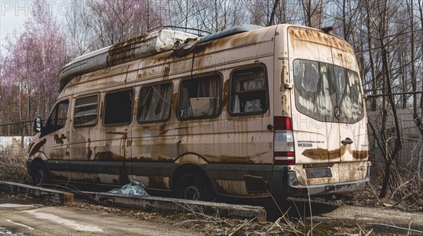 A rusted van with a pinkish hue parked in an overgrown area showing signs of urban decay, AI