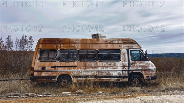 A rusty white and brown van parked in an open field, showing significant signs of wear and decay,