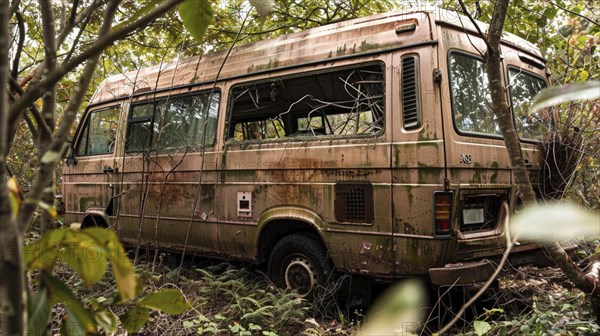 An old rusted van overgrown by plants in a forest, showing signs of decay and nature reclaiming the