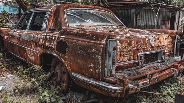 An old, rusted car surrounded by overgrown vegetation in an urban decay setting, AI generated
