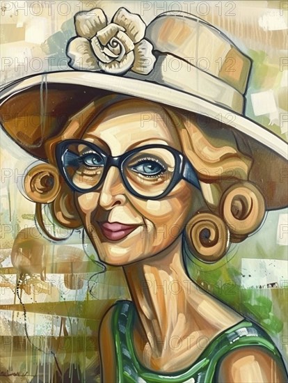 A cheerful cartoon-style portrait of an older woman wearing glasses and a hat with a flower,