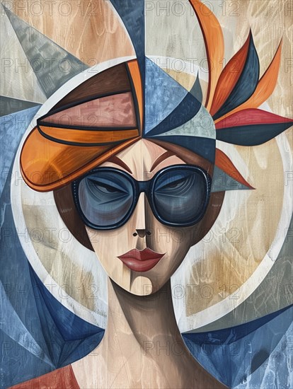 A modern woman wearing sunglasses in a colorful, dynamic stained glass style with abstract