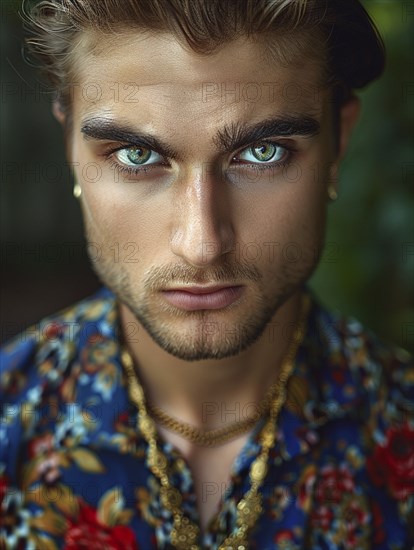 Close-up portrait of a man with an intense gaze, wearing a blue floral shirt and a gold chain, AI