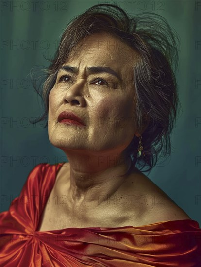 Elderly woman in a red dress with a thoughtful expression, captured in dramatic lighting, AI