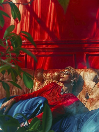 Stylish woman in a red and blue outfit lounging on a couch amidst plants and dramatic sunlight, AI