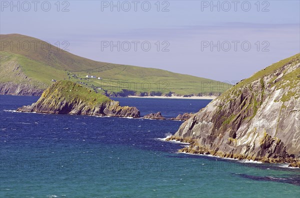 Dramatic coastline with high green cliffs and blue ocean waters under clear skies, Slea Head Drive,