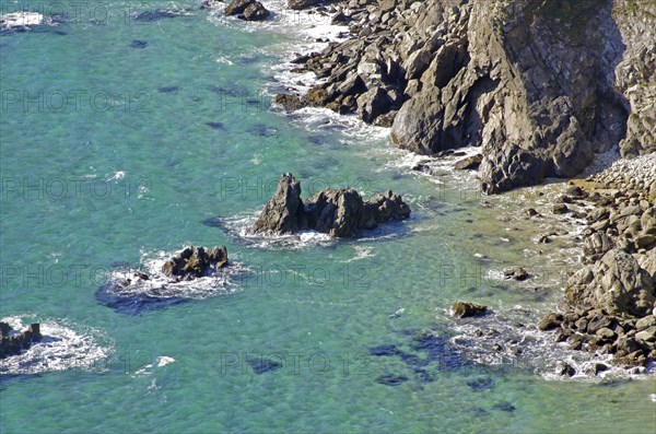 Rocky coastline with cliffs and turquoise water, Kell Beach, Achill Island, County Mayo, Ireland,